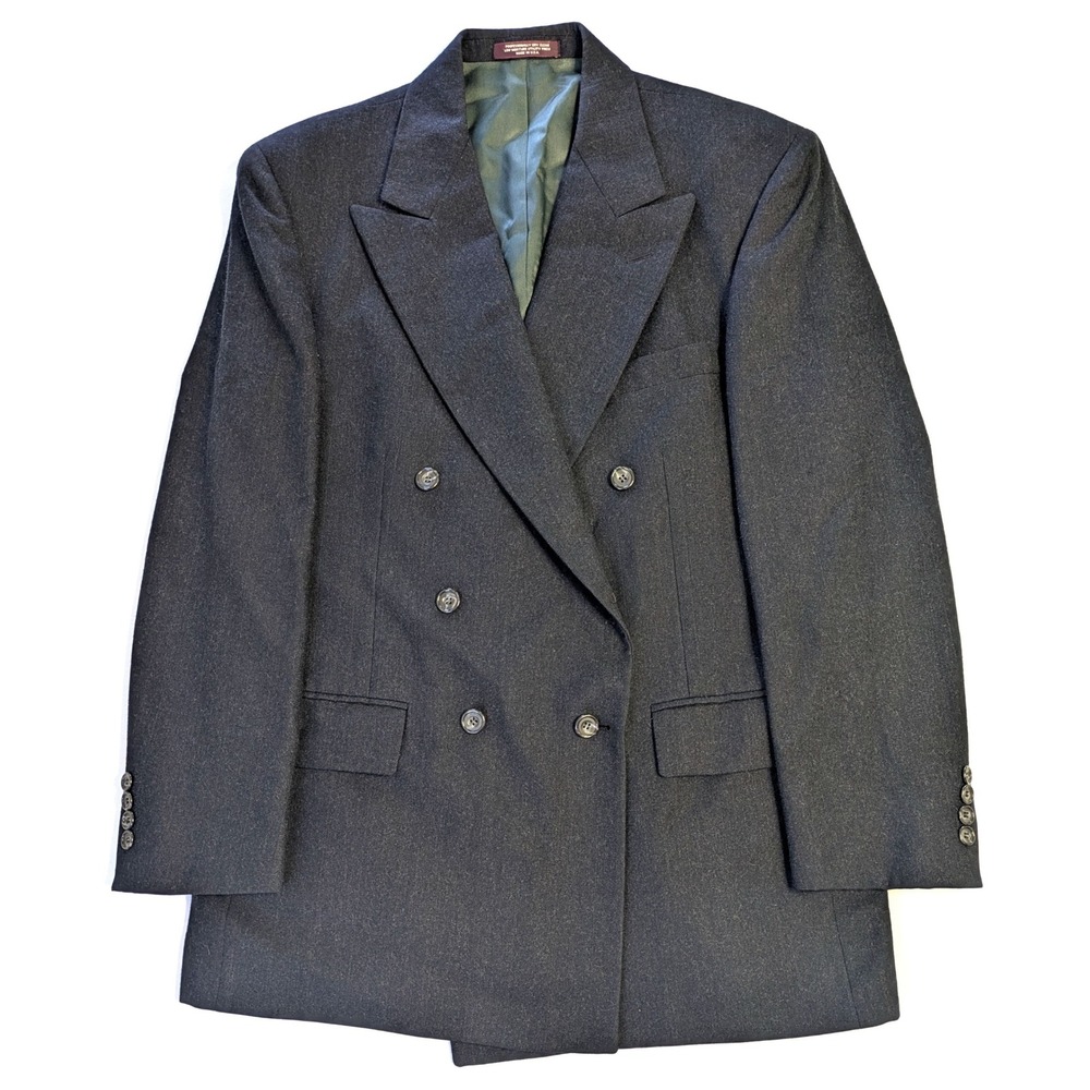 Evan-Picone Mens Double Breasted Wool Blazer Charcoal Gray Peak Lapel Jacket